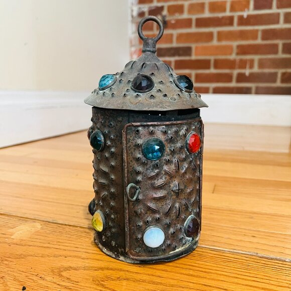 Early Bradley & Hubbard Pierced Brass Lantern Colored Glass - Picture 15 of 16